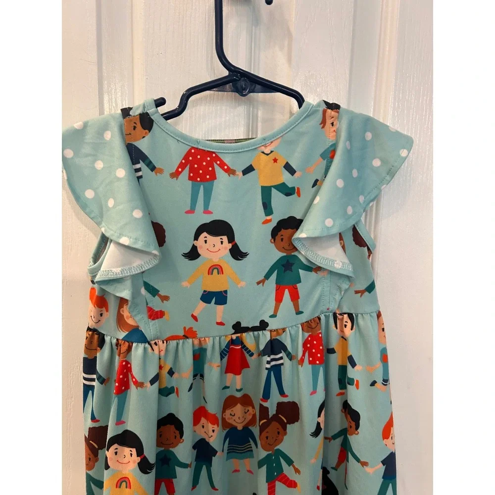 Millie Loves Lily Dress Blue‎ Kids Holding Hands Ruffle Flutter Sleeve Size 5